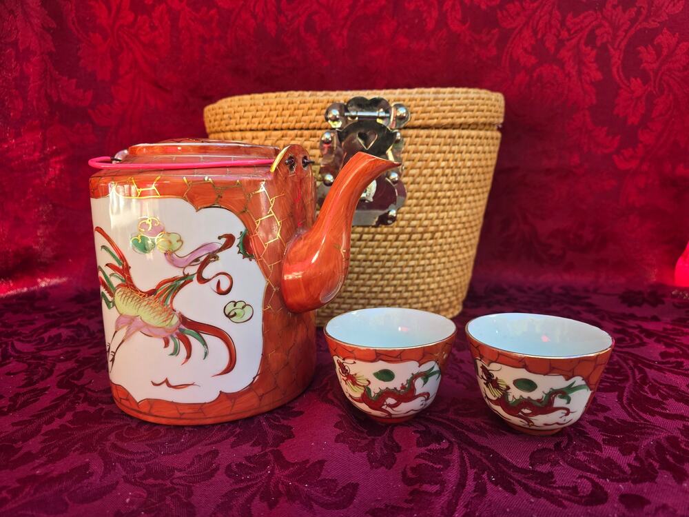 Vintage ACF Japanese Porcelain Dragon Travel Tea Set Woven Caddy Basket 3pc